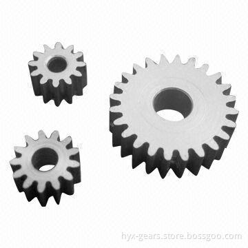 Hobbing pinion gears with metal material including iron alloy, brass, stainless steel, aluminum